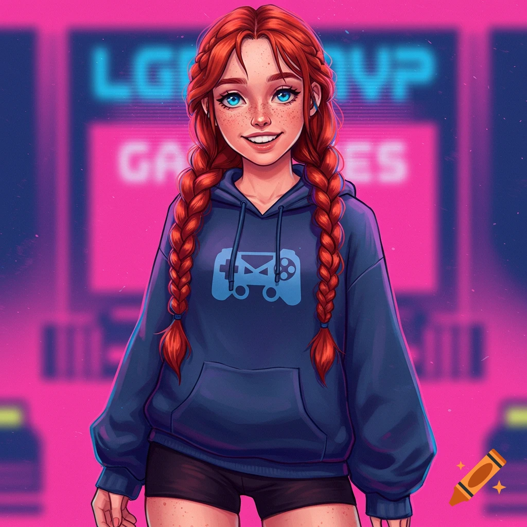 Cartoon gamer girl with red braids and a controller hoodie against a pink and blue retro background.