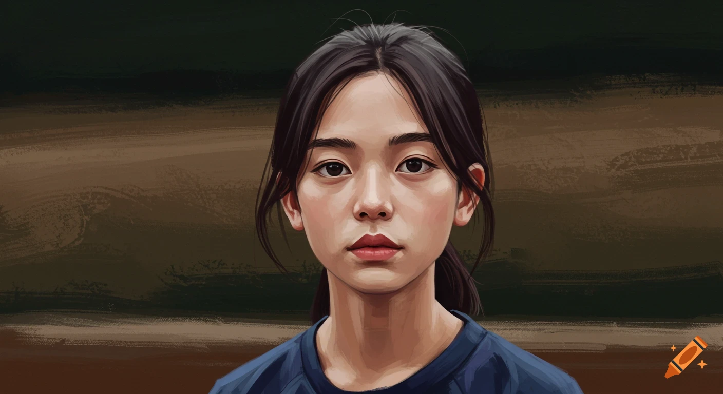 Painted portrait of a young person with dark hair looking forward on ...