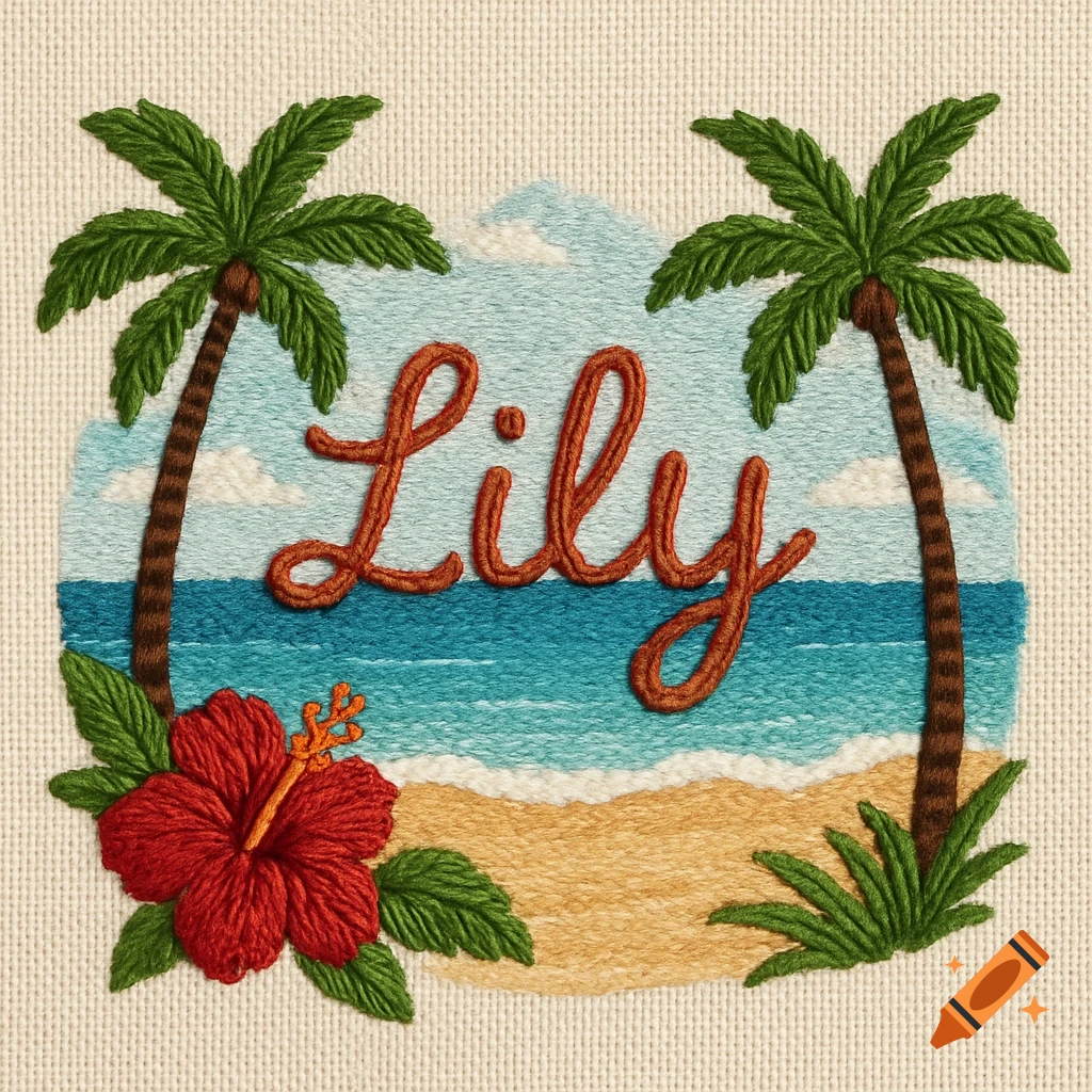 Embroidered beach scene with palm trees, hibiscus flower, and the name LILY.