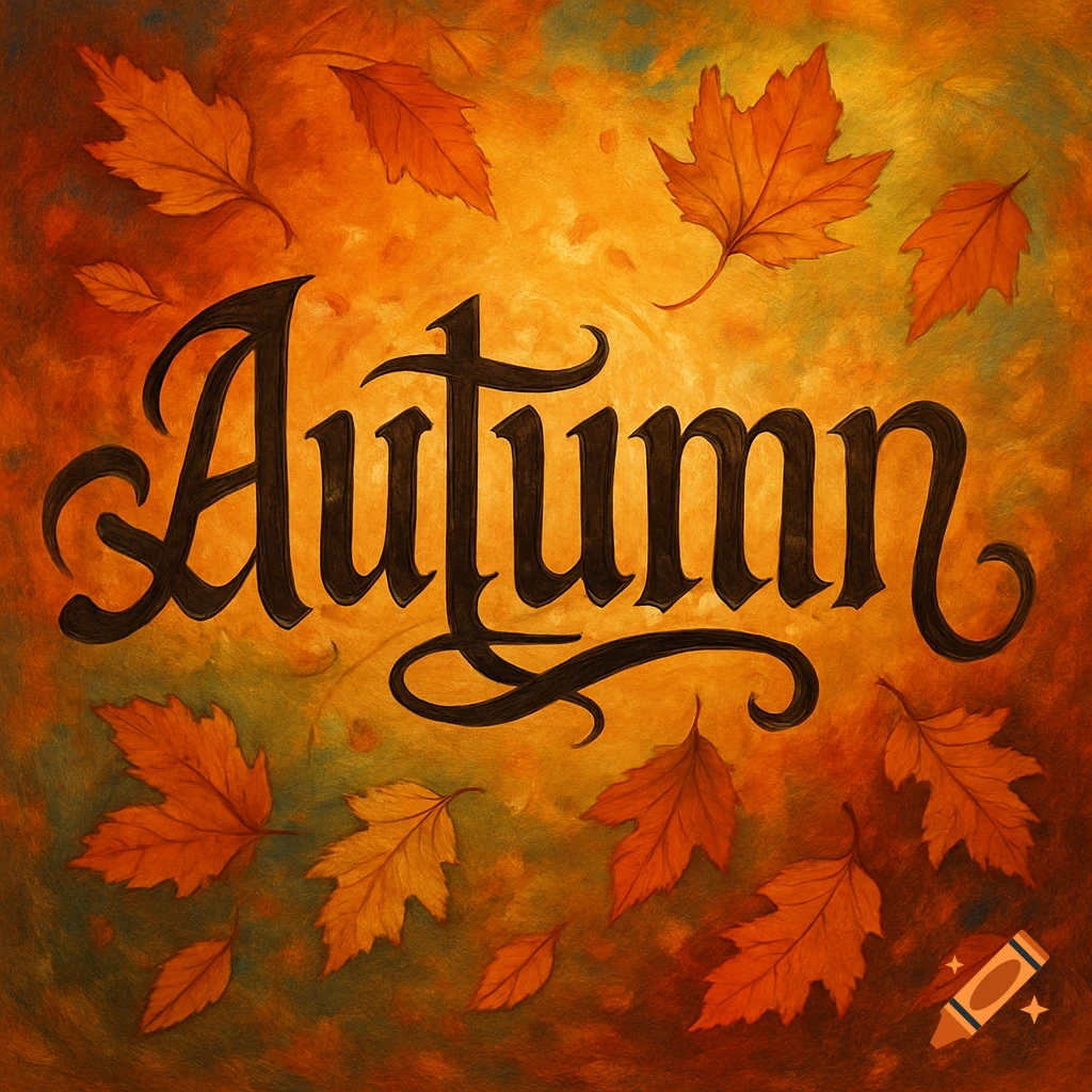 Stylized text 'Autumn' surrounded by falling leaves in warm colors.