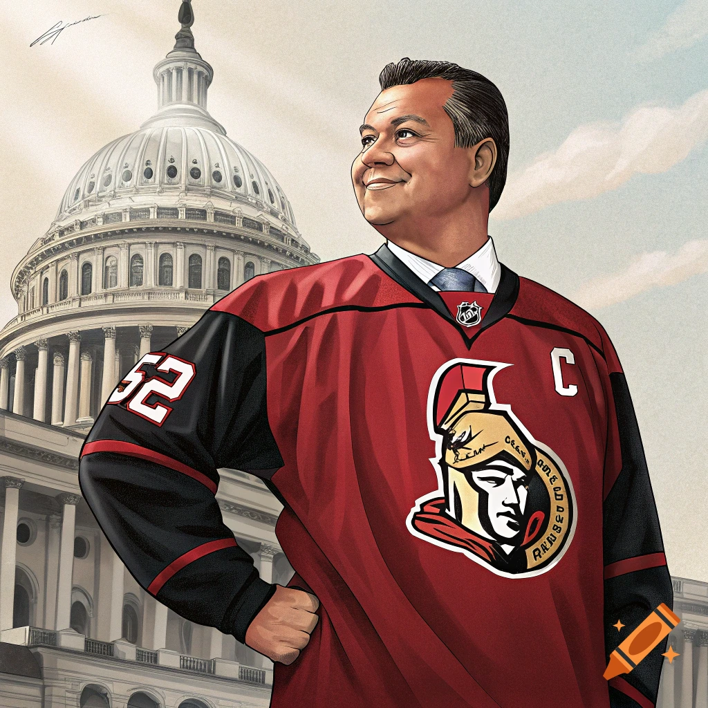 Illustration of a man wearing an Ottawa Senators jersey standing in front of a Capitol building.