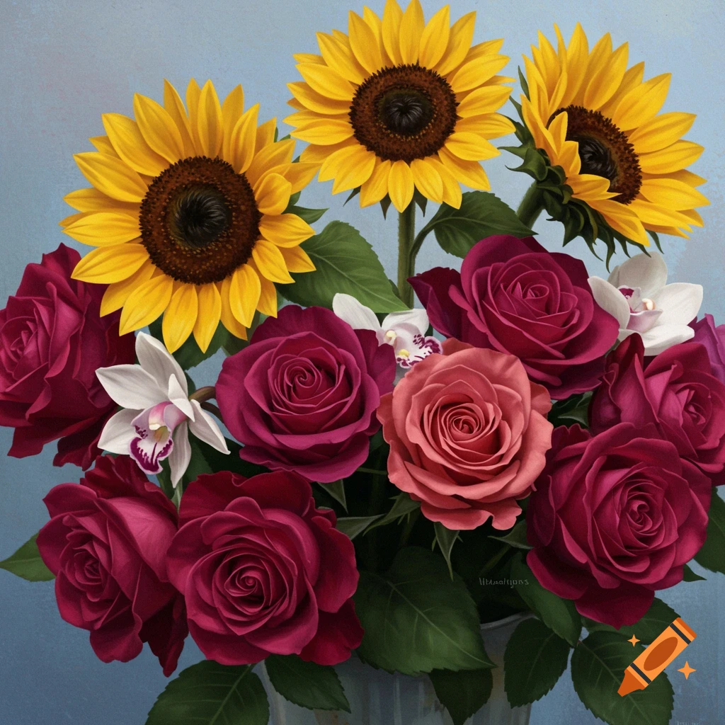 A realistic painting of a bouquet with sunflowers, red and pink roses, and white orchids.