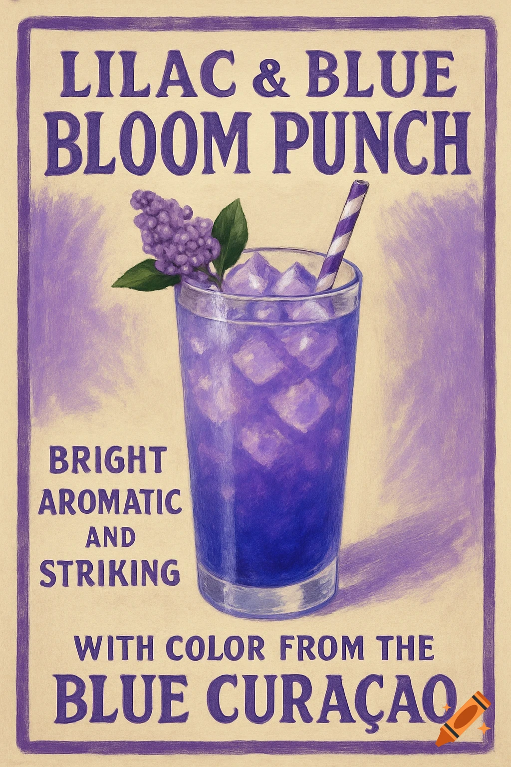 An illustration of a purple drink with ice, a straw, and a lilac sprig, surrounded by text advertising \"Lilac & Blue Bloom Punch\".