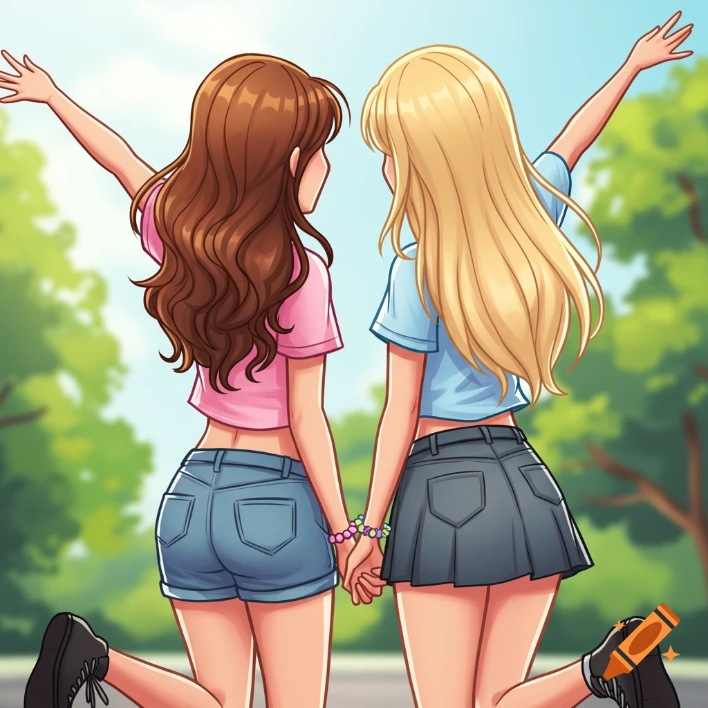 Cartoon of two teen friends with wavy brown hair and straight blond hair holding hands, seen from the back, outdoors.