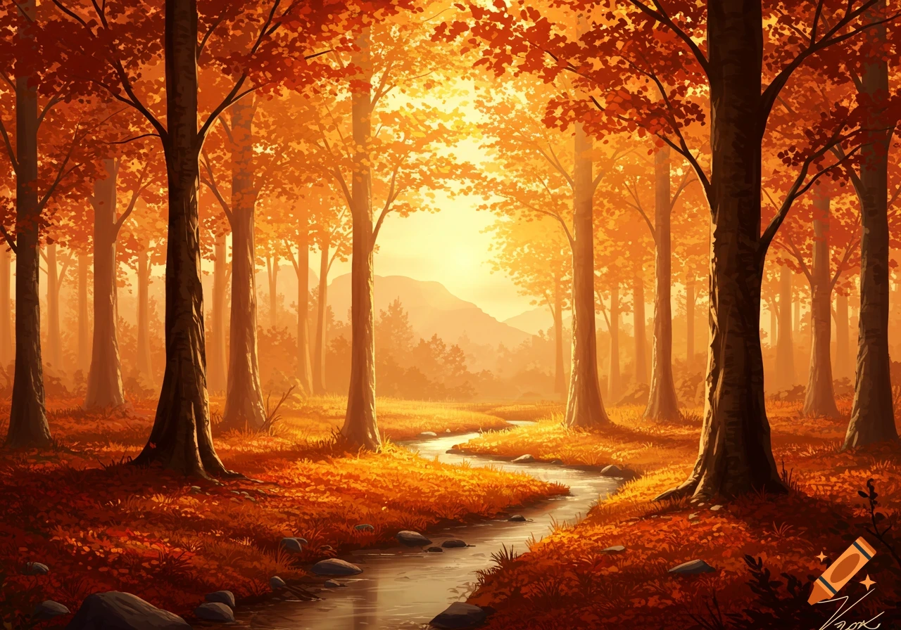 A vibrant autumn forest landscape with a winding stream under a golden sky.