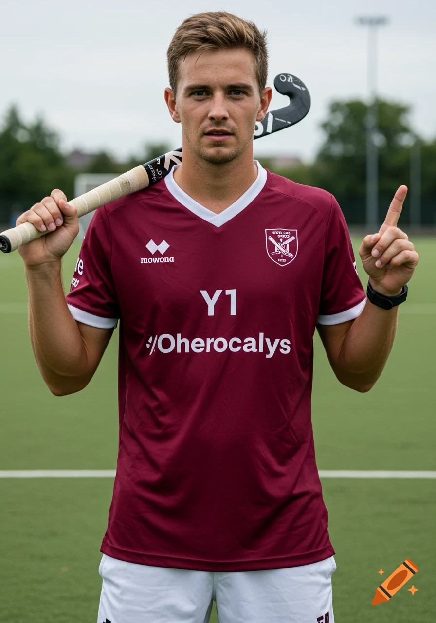 Man in maroon hockey shirt stands on a field holding a stick, pointing his finger.