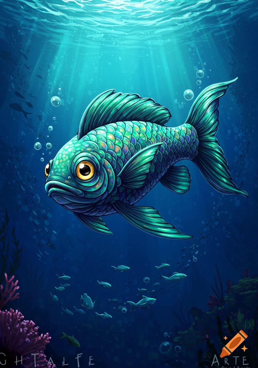 A brightly colored, stylized fish with large eyes swims underwater, surrounded by smaller fish and coral.