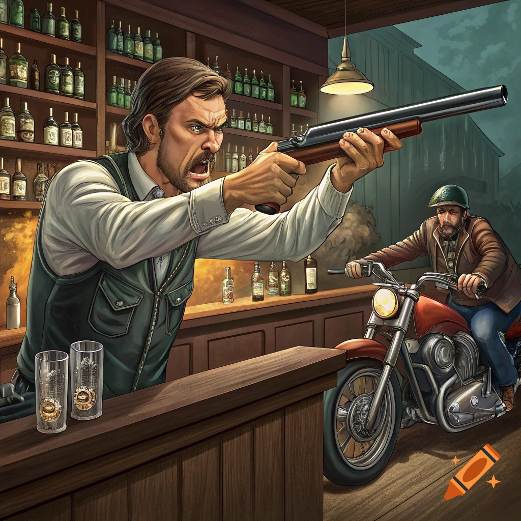 Illustration of a bartender aiming a shotgun at a biker riding into a bar.