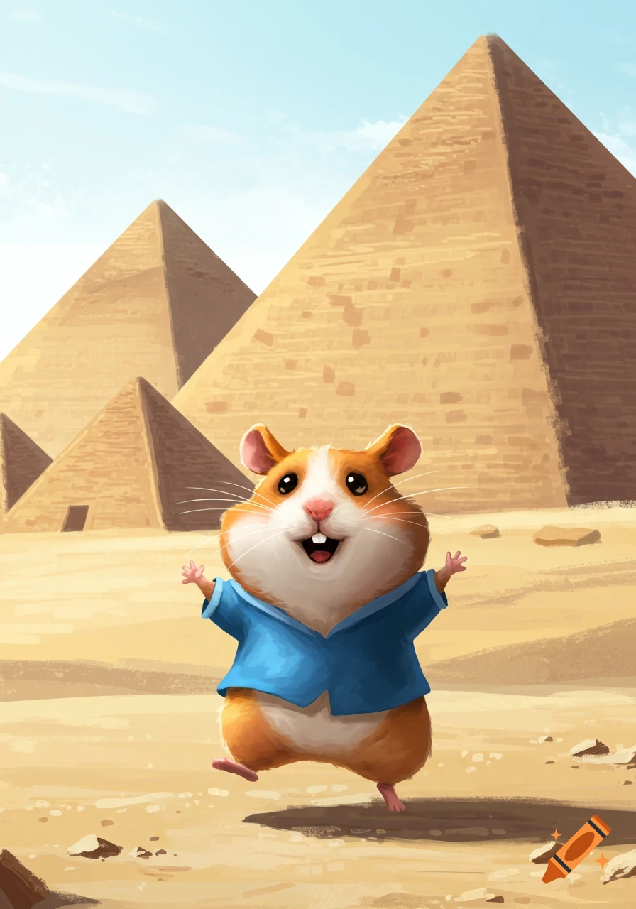 Cartoon hamster in a blue shirt dancing in the desert with pyramids behind it.