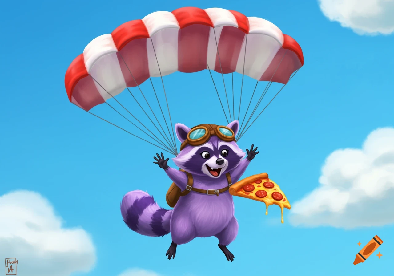 A cartoon purple raccoon with goggles skydives with a parachute, holding a slice of pepperoni pizza.