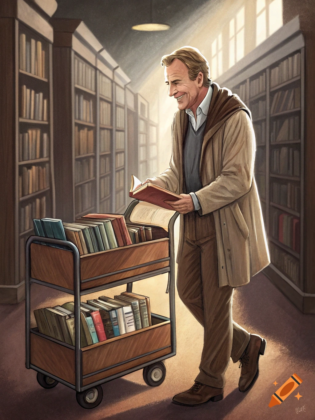 A smiling man looks at a book while pushing a full book cart through a library.