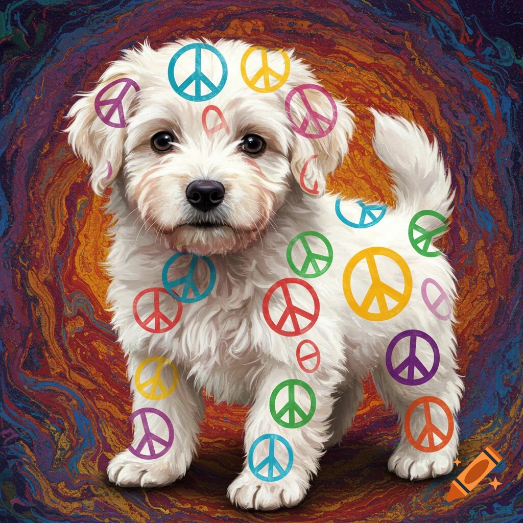 A white puppy covered in colorful peace signs stands against a swirling psychedelic background.