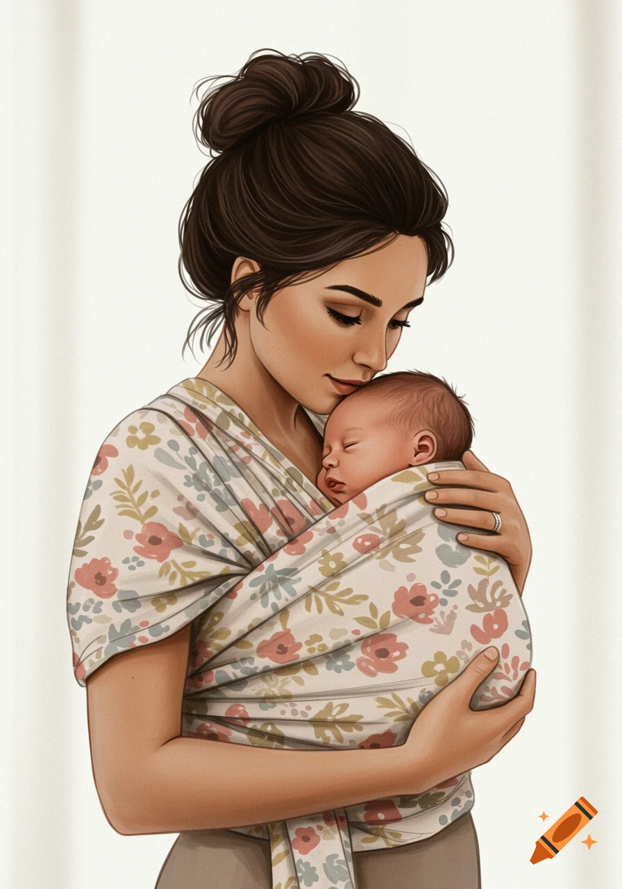 Illustration of a mother holding a sleeping baby in a floral wrap.