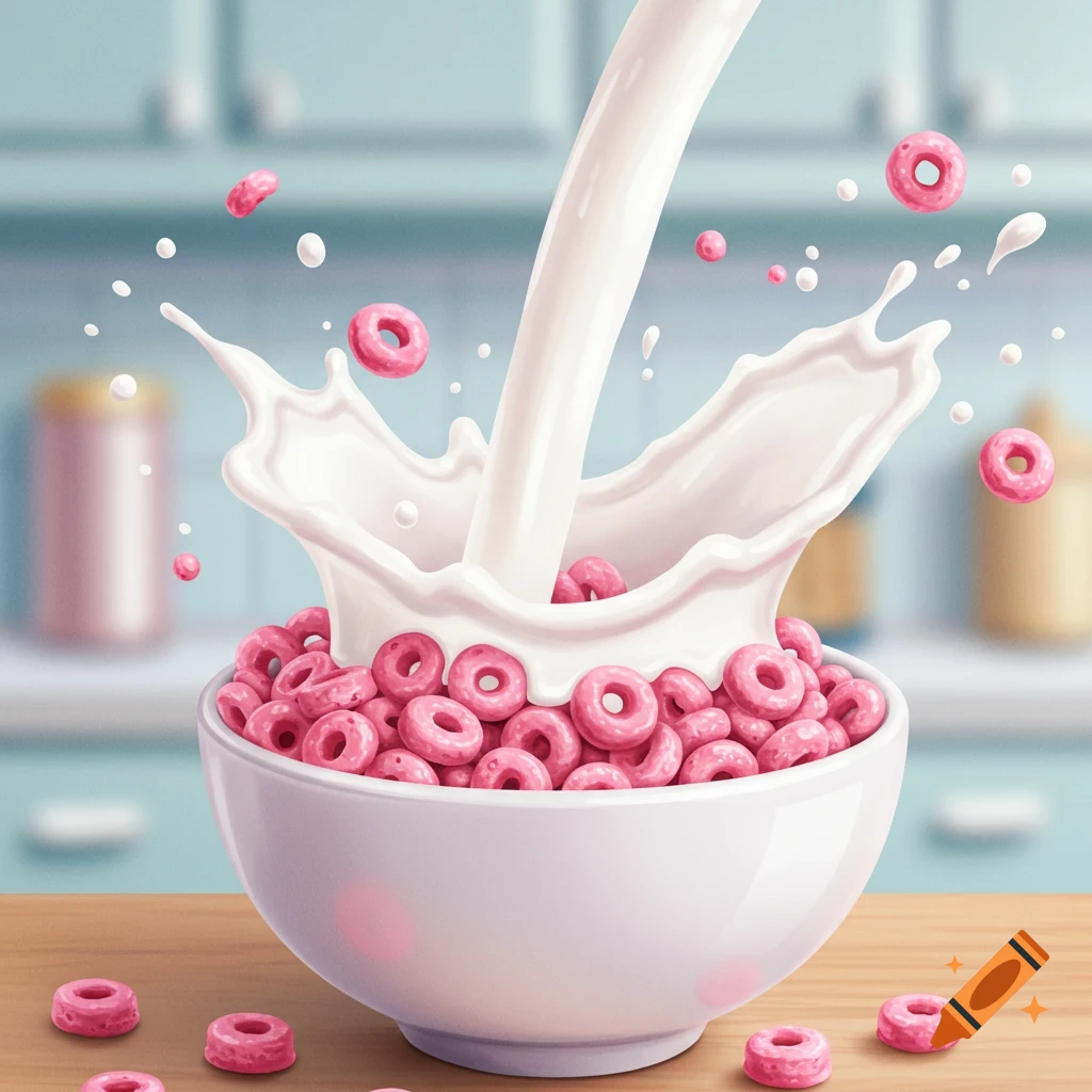 Milk pouring into a bowl of pink hoop cereal, splashing out