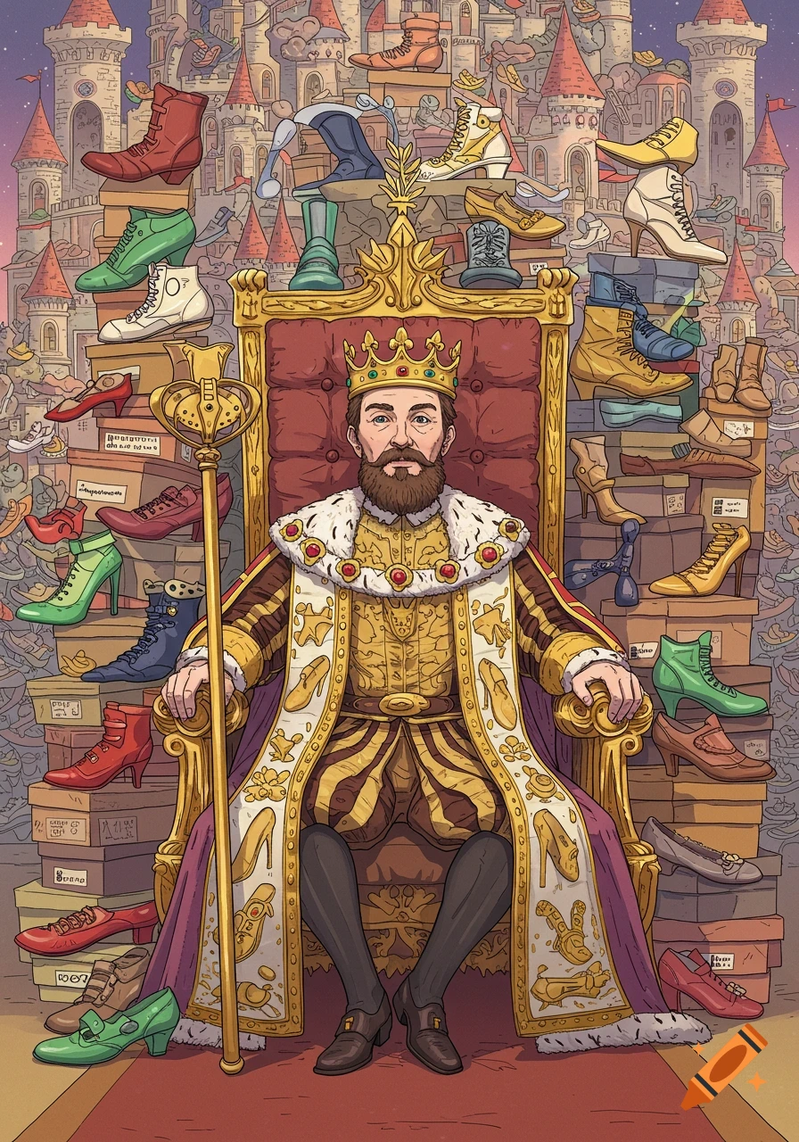 An illustration of a king sitting on a large throne surrounded by piles of shoes and a castle.