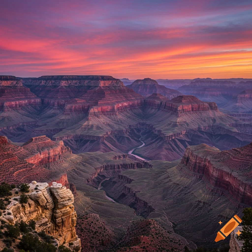 View of the Grand Canyon with a river winding through and colorful sunset sky.
