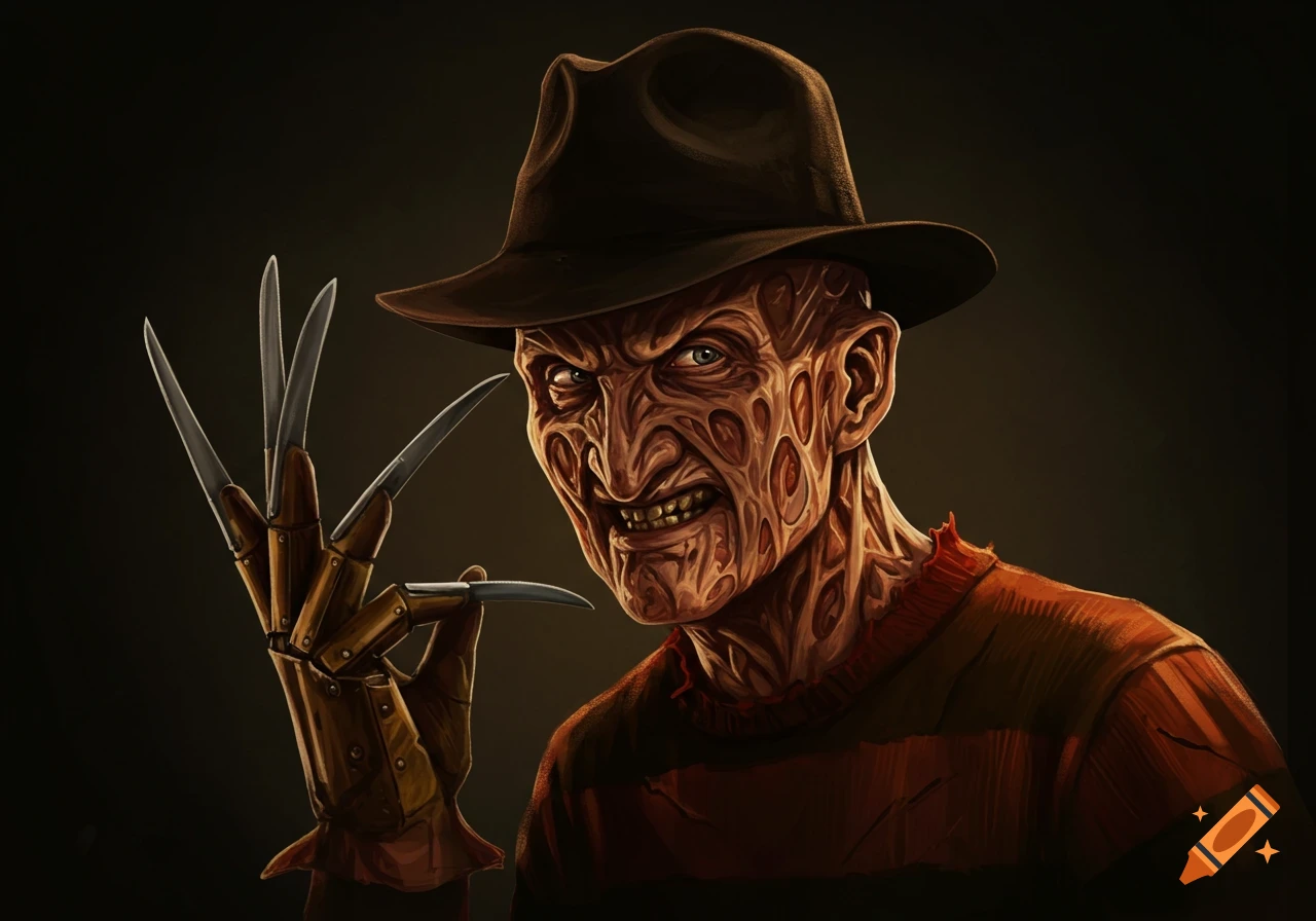 Illustration of Freddy Krueger with hat and clawed glove.