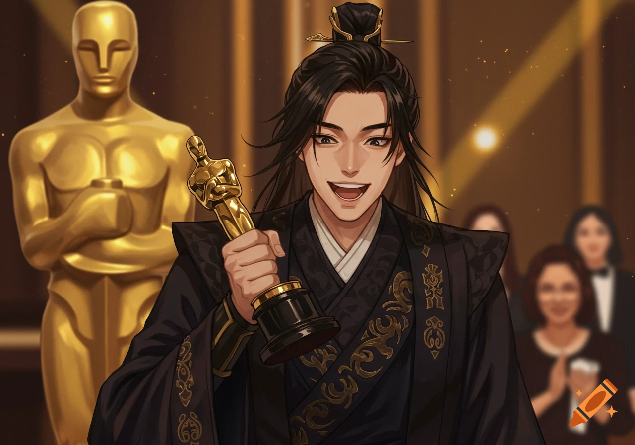 Anime character in dark robes holding an Oscar statuette at an awards ceremony