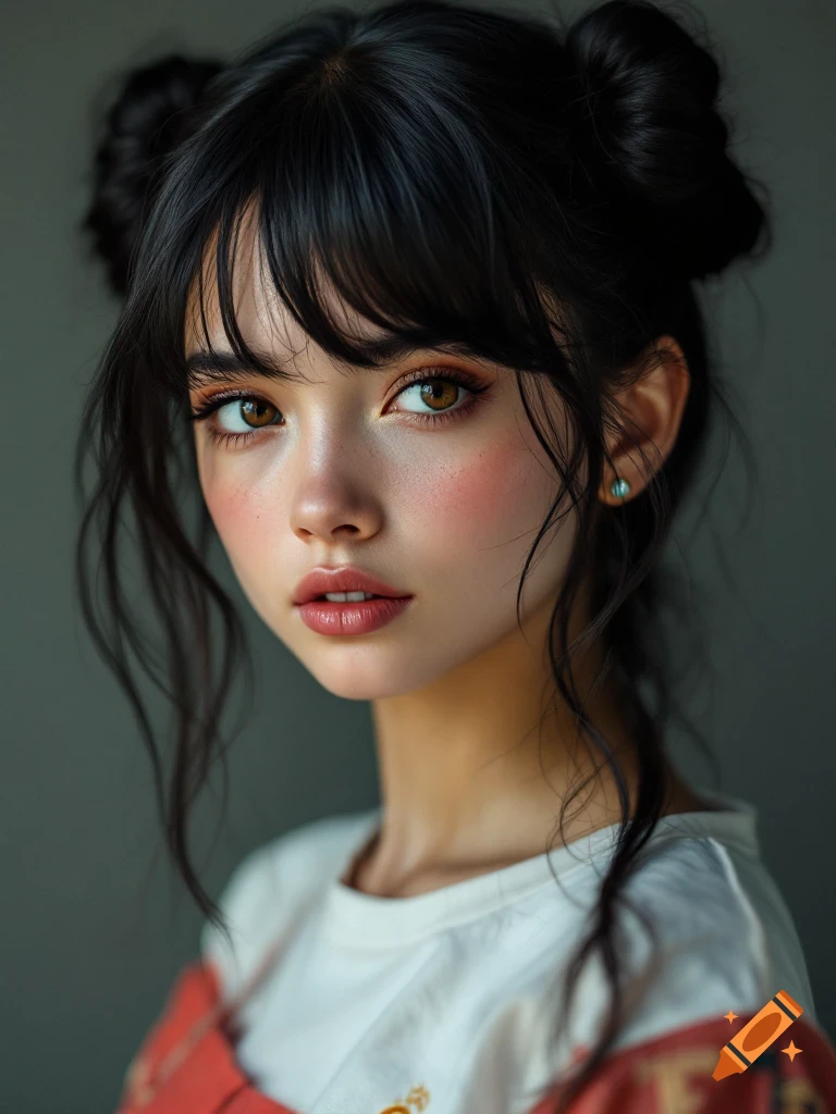 Close-up portrait of a young woman with dark hair in buns, brown eyes, and subtle makeup.