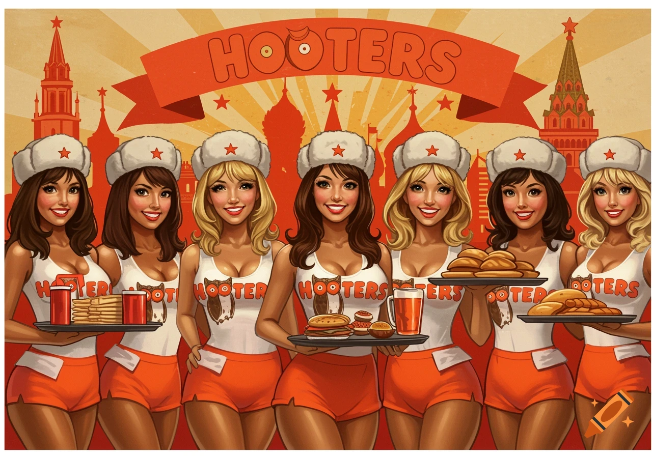 Seven women in Hooters uniforms and ushanka hats stand in a row, holding food trays, in a Soviet propaganda style poster.