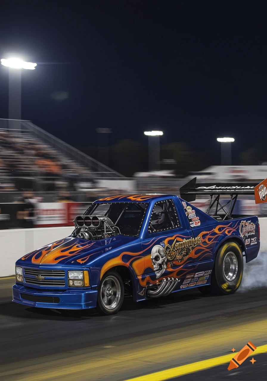 Shull Drag Racing Blue drag truck with flames and skull graphics races on a track at ...