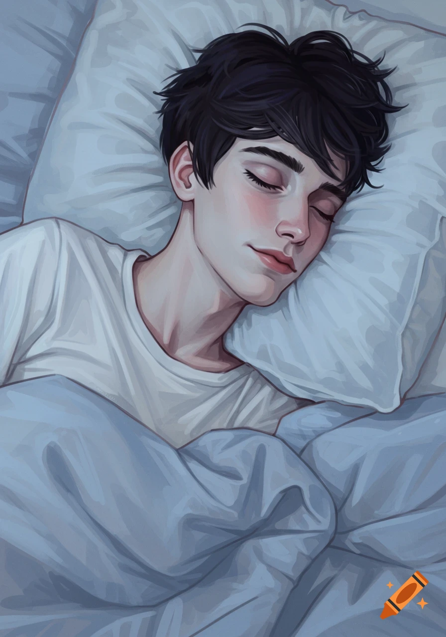 Digital painting of a young man sleeping peacefully in bed.