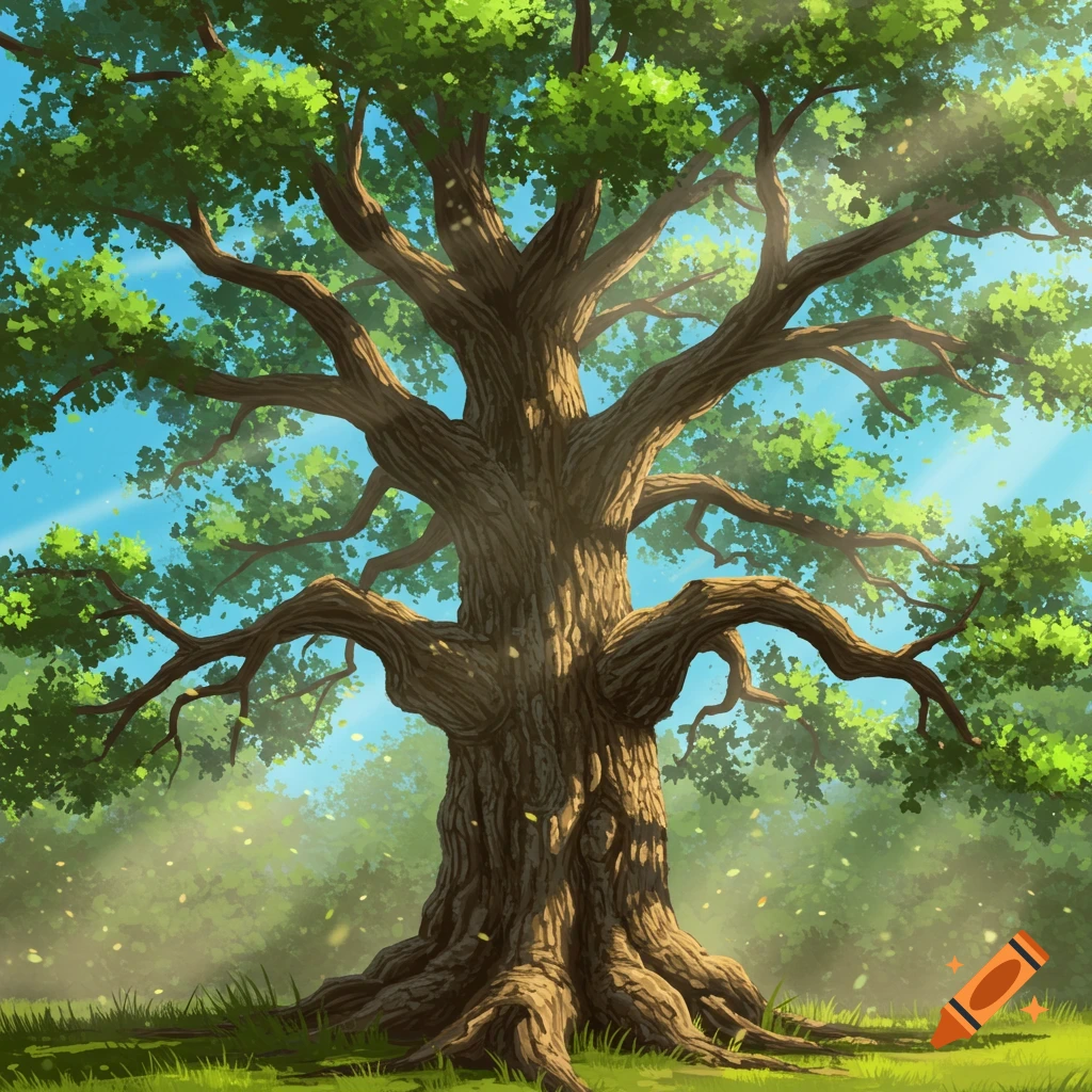 A large, old oak tree stands in a forest, bathed in sunlight.