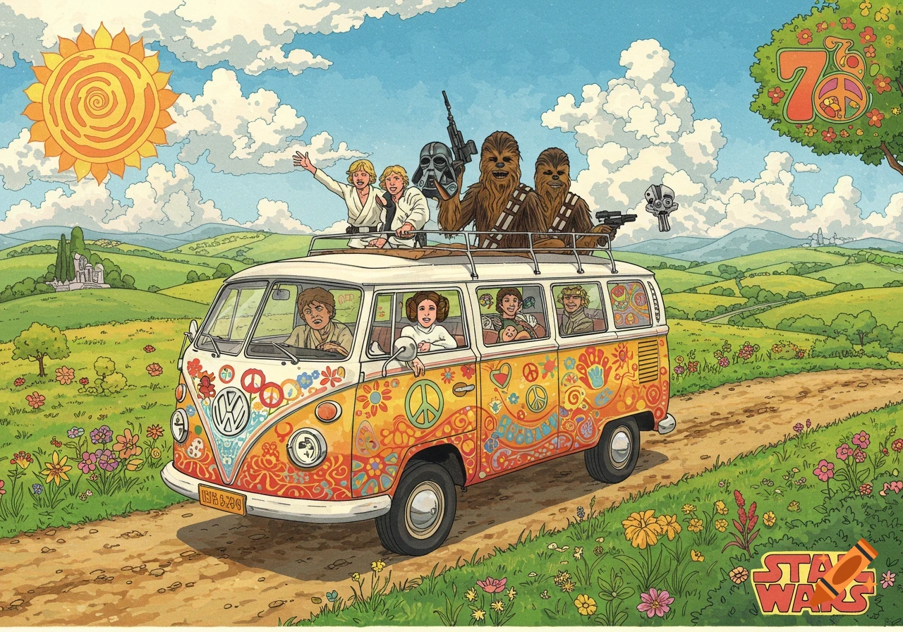 Star Wars characters in a hippie van driving through the countryside, 70s poster illustration.