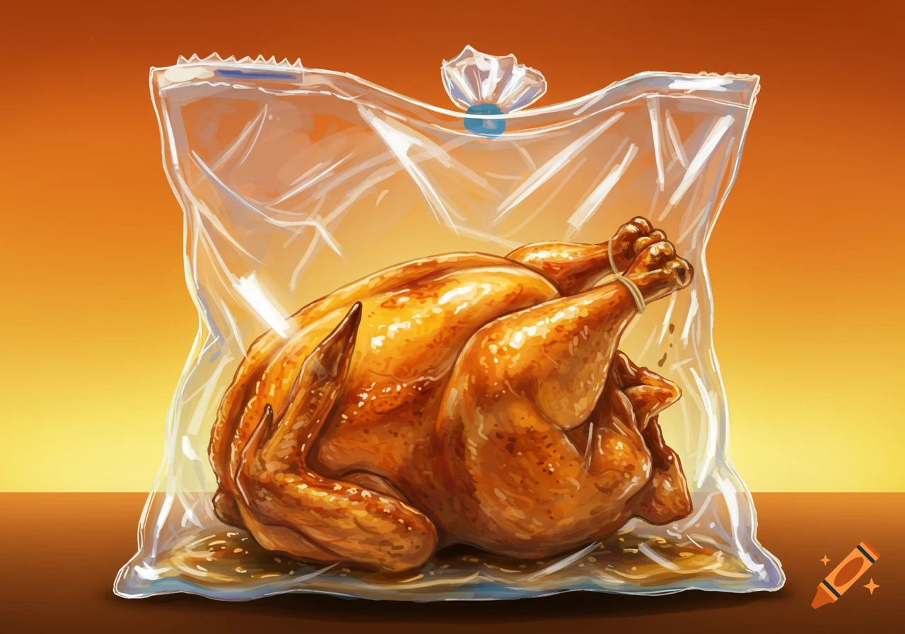 A whole rotisserie chicken in a clear plastic bag.