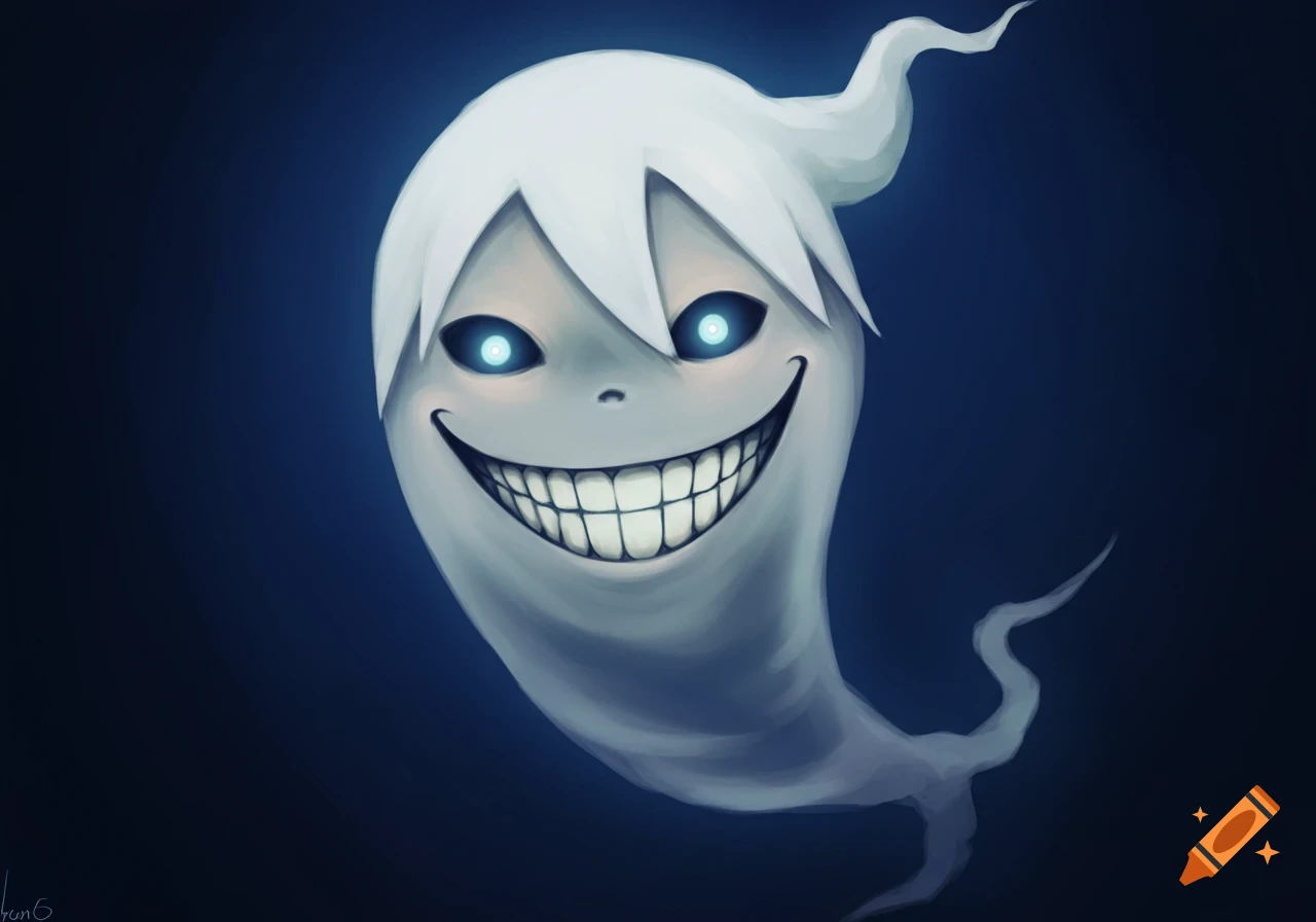 A stylized drawing of a white ghost with spiky hair, glowing blue eyes, and a wide, toothy grin on a dark blue background.