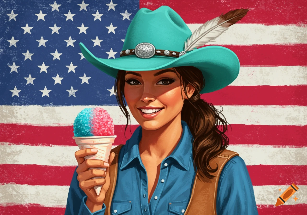 A cowgirl in a turquoise hat holds a snow cone in front of an American flag.
