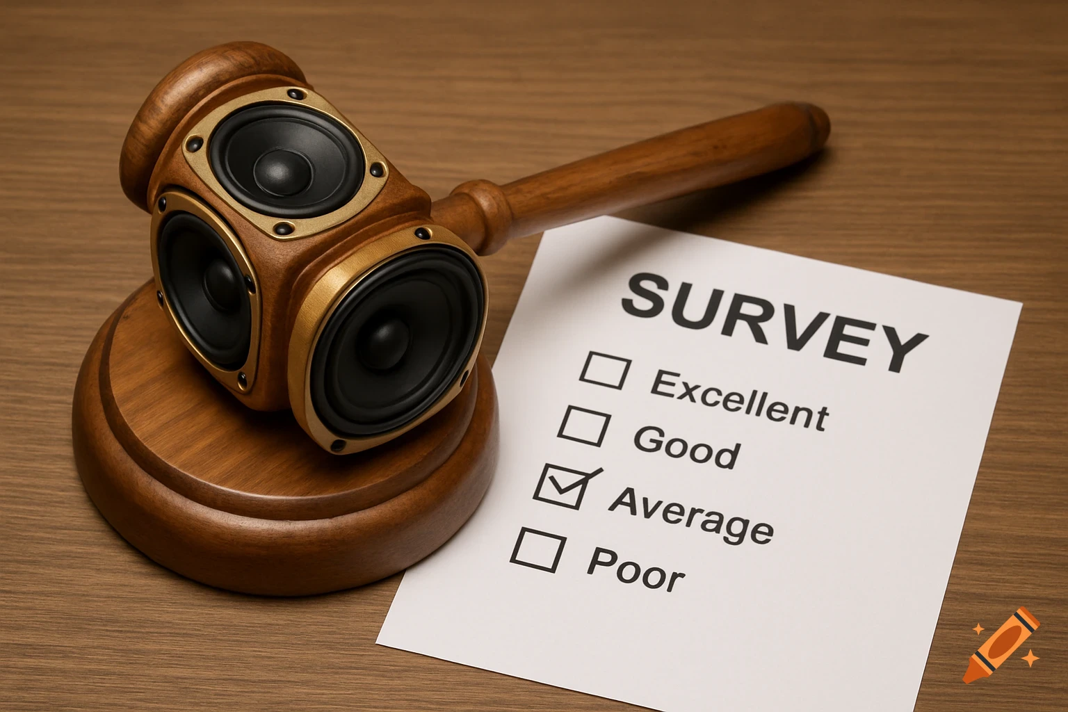 A gavel made of speakers sits next to a survey form with 'Average' checked.