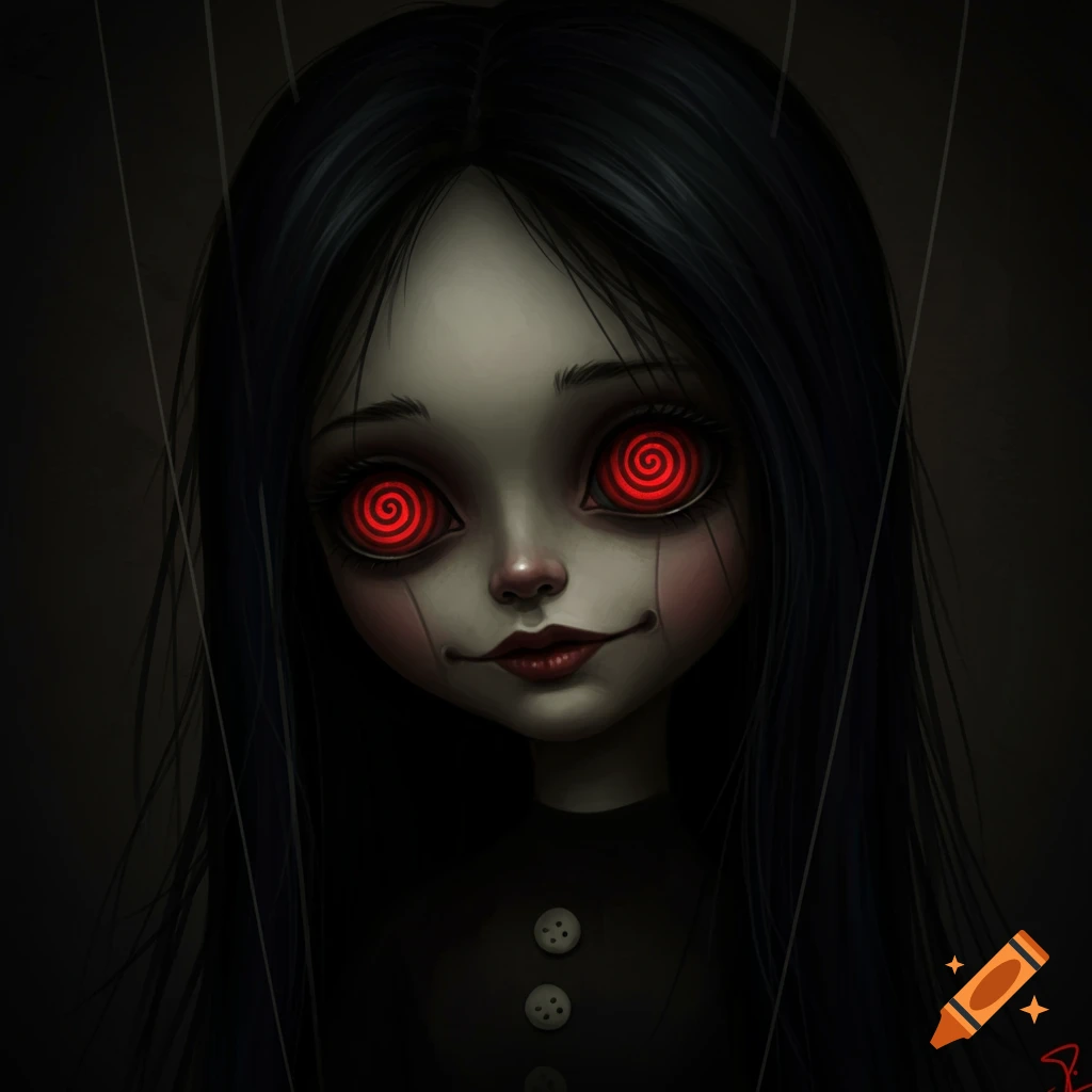 Creepy marionette doll face with black hair and hypnotic red and black swirling eyes.