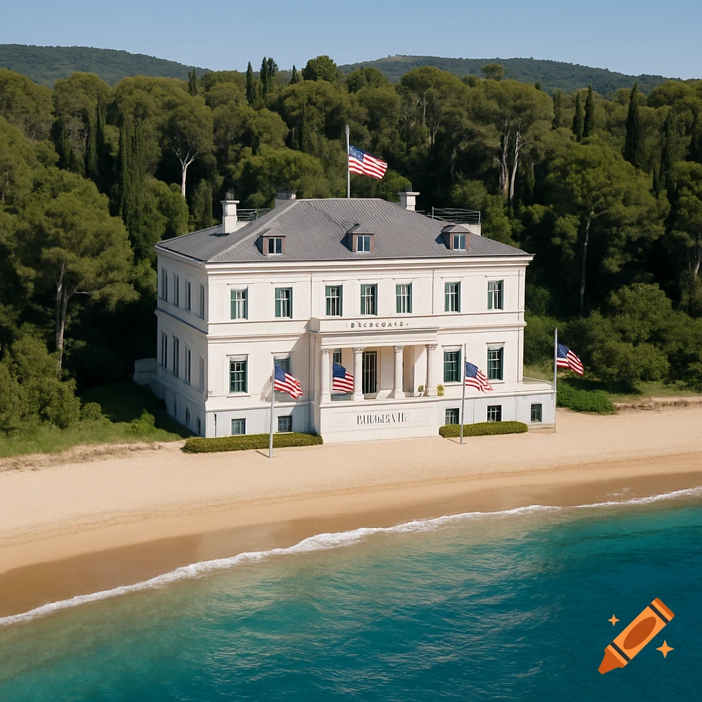 A grand white building resembling an embassy stands on a sandy beach by the sea, backed by a forest. US flags fly from flagpoles.