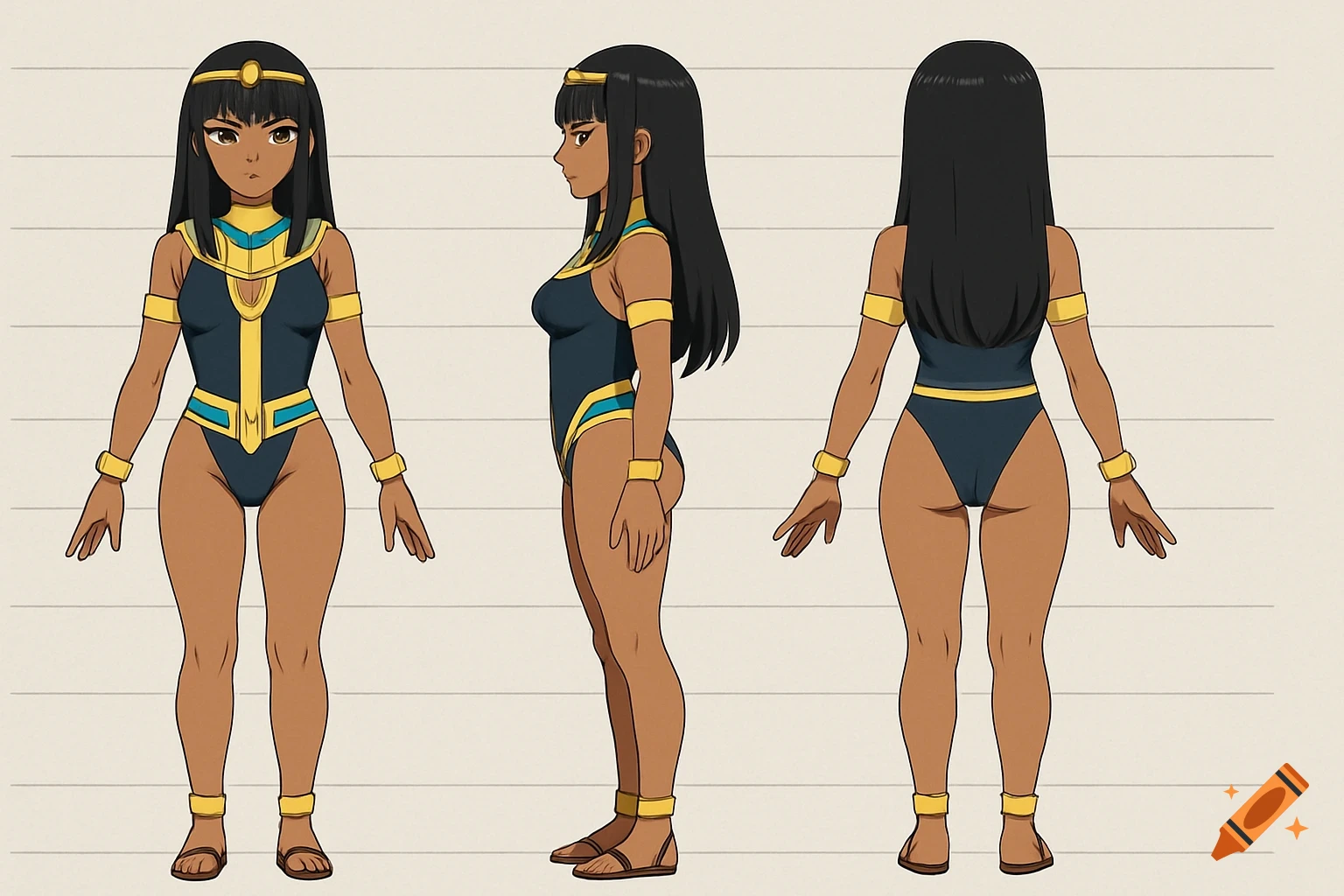 Anime character turnaround sheet of a woman in an Egyptian leotard.
