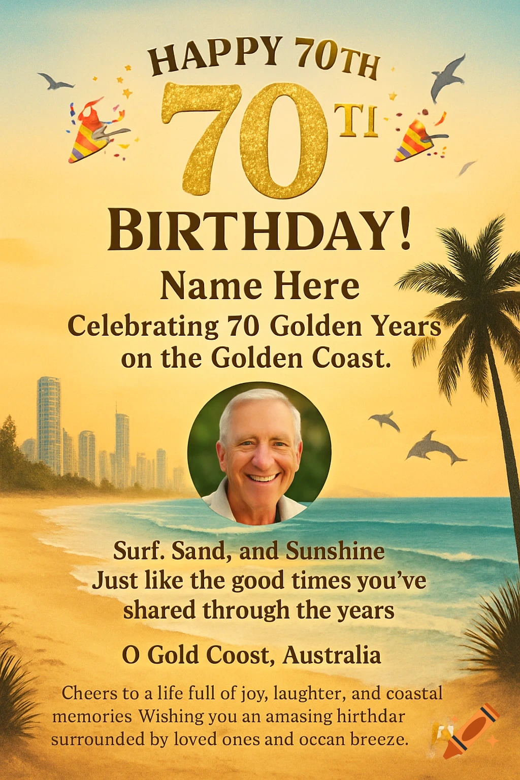 A Happy 70th Birthday poster with a beach background, golden "70", a photo of a man, and text about the Golden Coast.