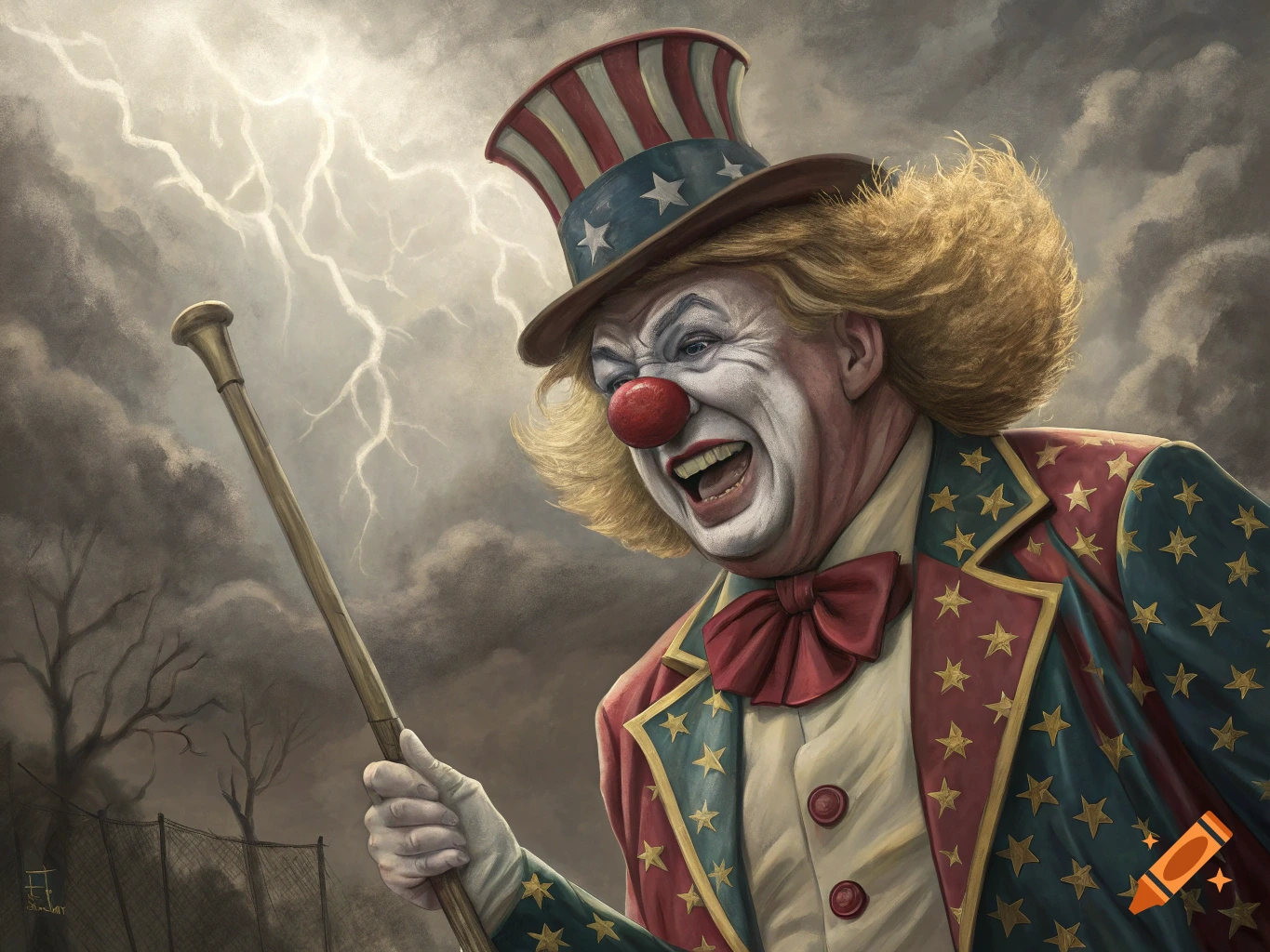 A creepy clown in a patriotic suit and top hat holds a cane under a stormy sky with lightning.
