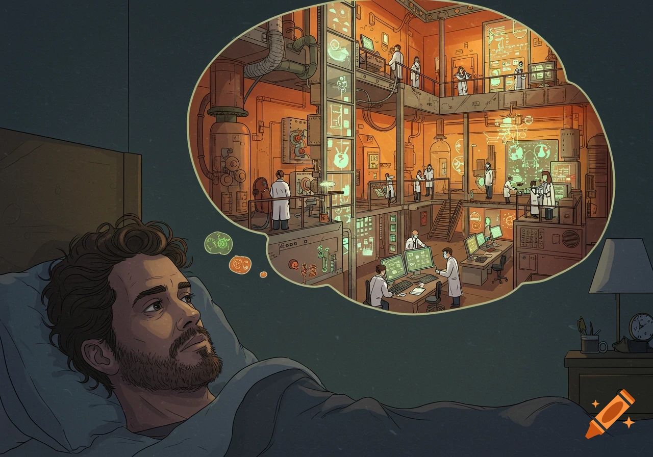An illustration of a man in bed dreaming of a busy, multi-level laboratory with scientists working.