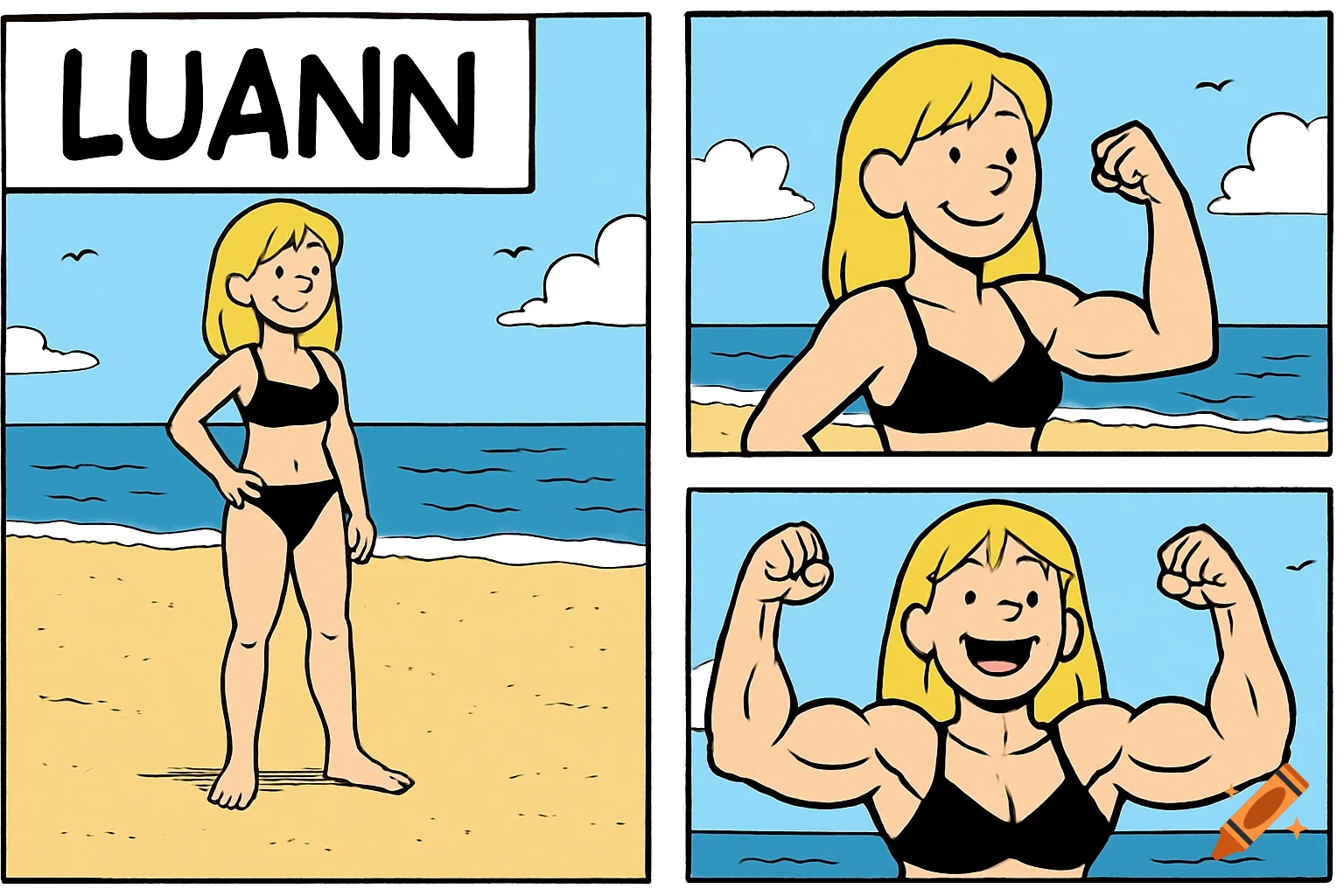 Cartoon comic strip of Luann flexing muscles at the beach
