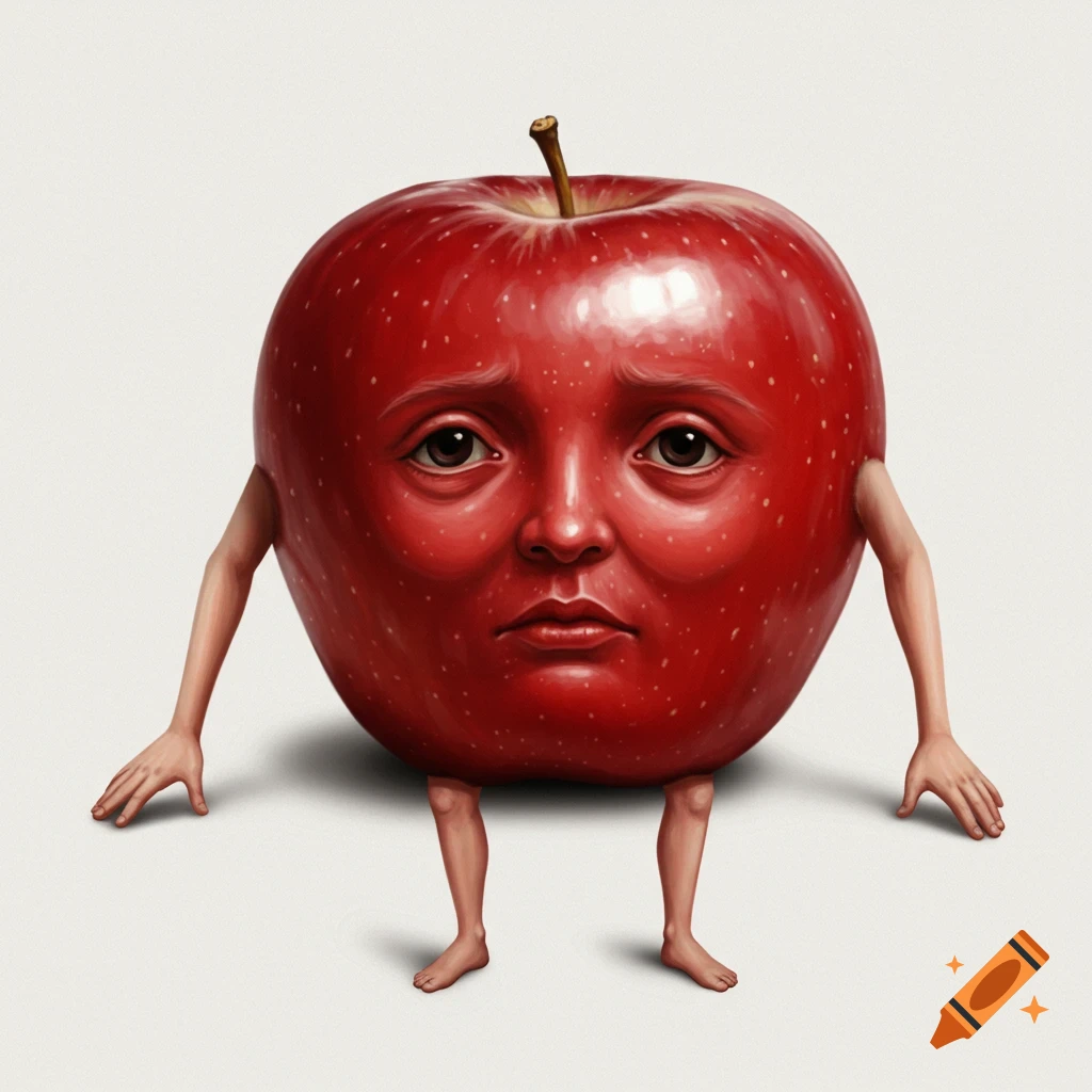 A red apple with a sad human face, human arms, and human legs stands against a white background.