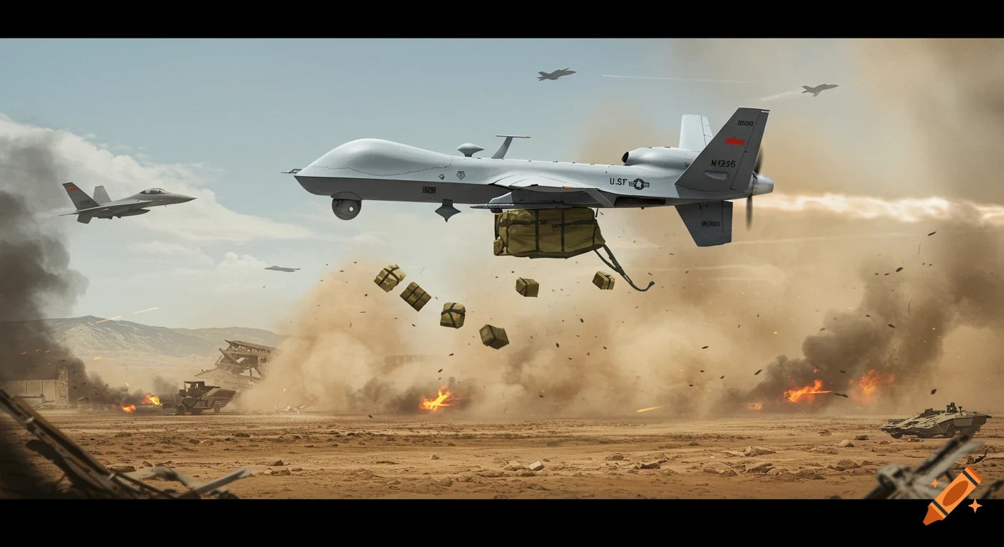USAF cargo drone drops packages over a burning battlefield with fighter jets and tanks.