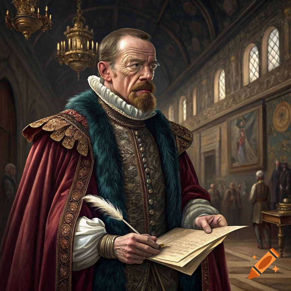 Portrait of a man in elaborate renaissance clothing holding a quill and paper in a large hall.