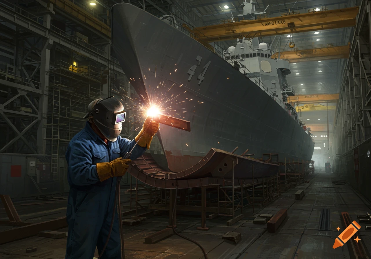 A welder works on a large ship hull, with sparks flying, in a vast industrial shipyard building.