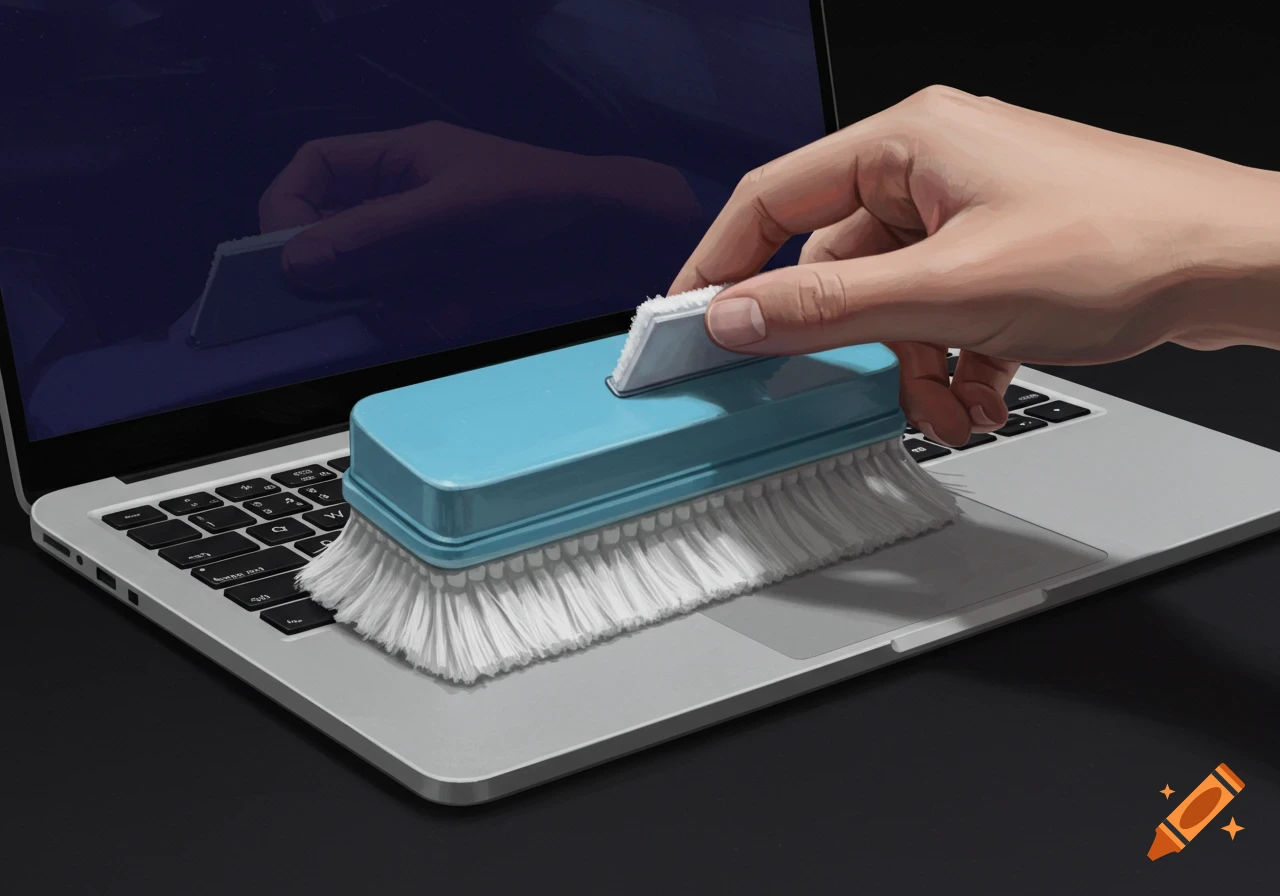 A hand uses a blue brush to clean the keyboard and trackpad of a laptop.