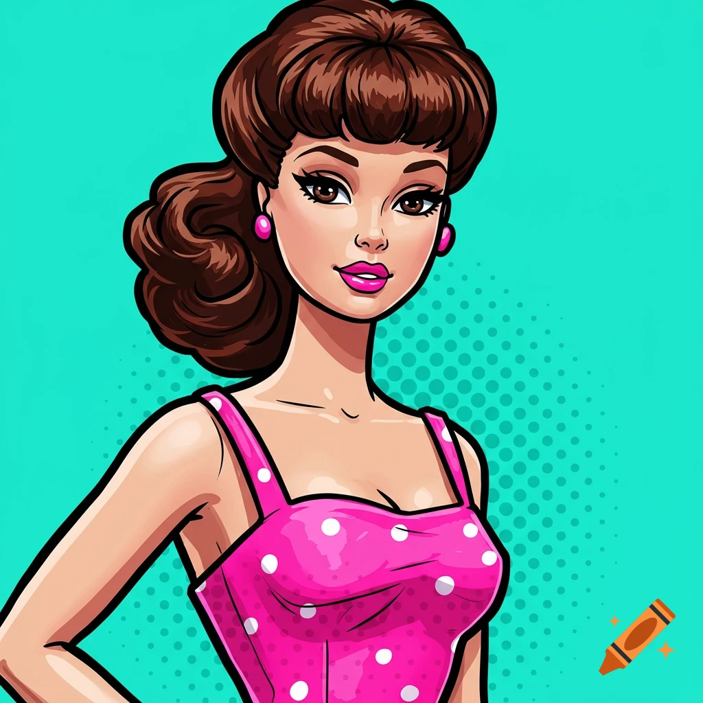 Pop art illustration of a woman with brown hair in a pink polka dot dress