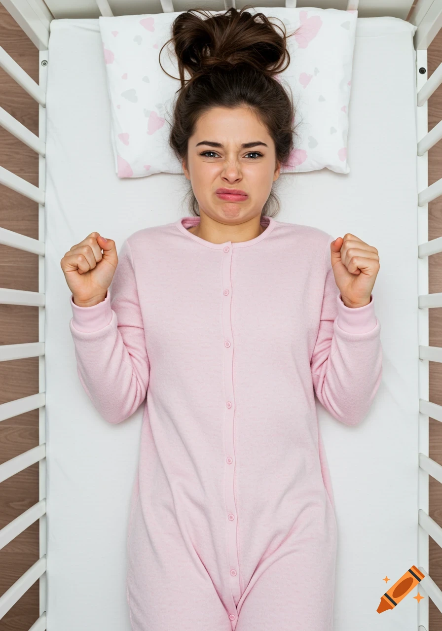 Woman in pink onesie lays in a crib, scrunching her face and clenching fists