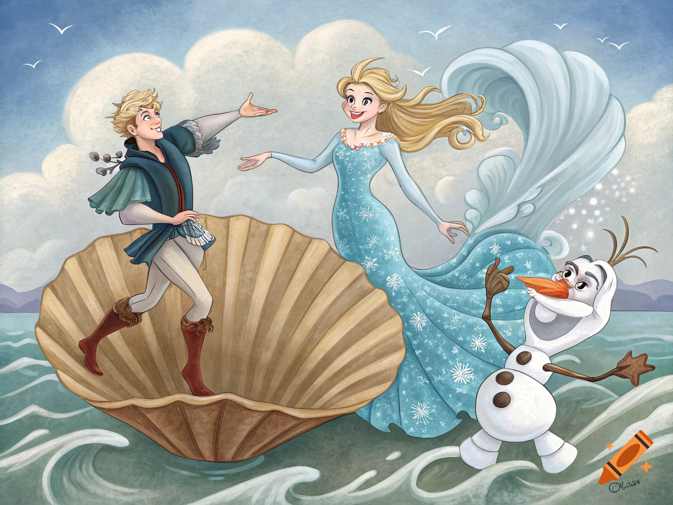 Illustration of Kristoff in a seashell boat reaching for Elsa with Olaf swimming in the sea.