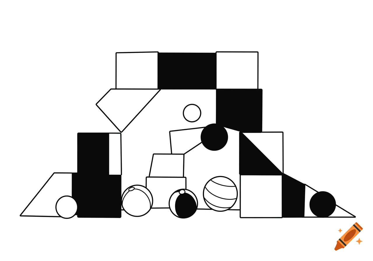 Black and white abstract illustration composed of geometric shapes.