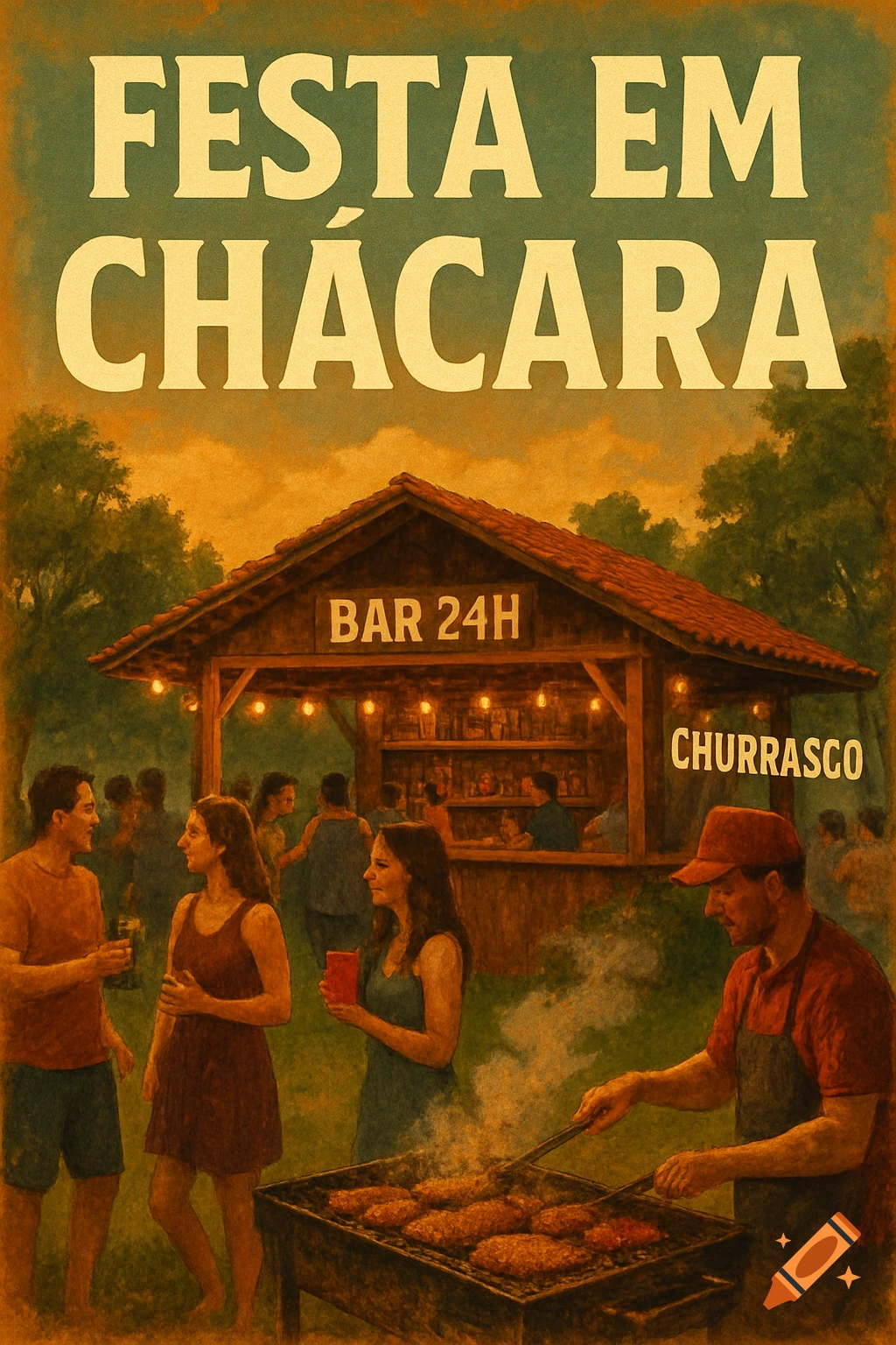 Vintage poster of a party with people around a bar and a man grilling barbecue.
