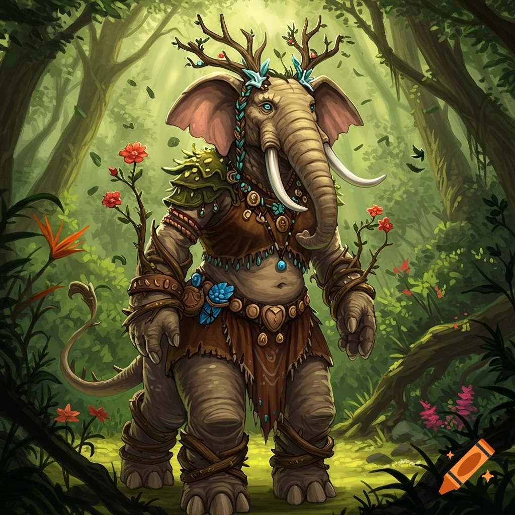 Fantasy illustration of a Loxodon druid character in a forest.